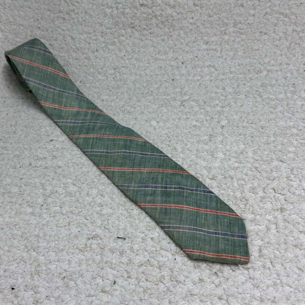 Vintage Men's All Linen Green Striped Necktie Rooster Classic Length 3” Width